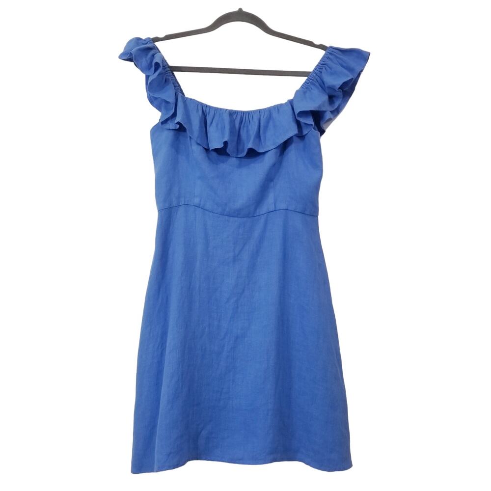 Honorine Women size Medium 100% Linen Blue Ruffle Off Shoulder Mini Sundress